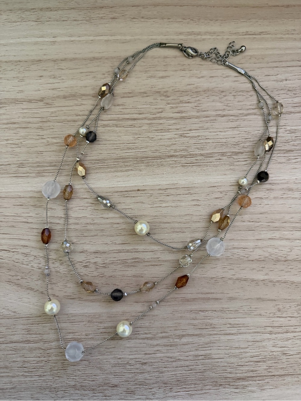 Lia Sophia Layered Pearl & Bead Necklace in Cream, Gold, Brown